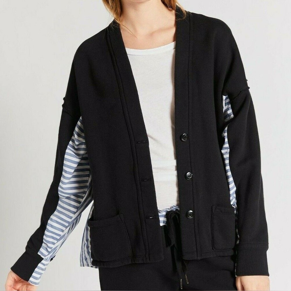 Current/Elliott Black Cardigan with Blue-White Striped Sleeve Inset